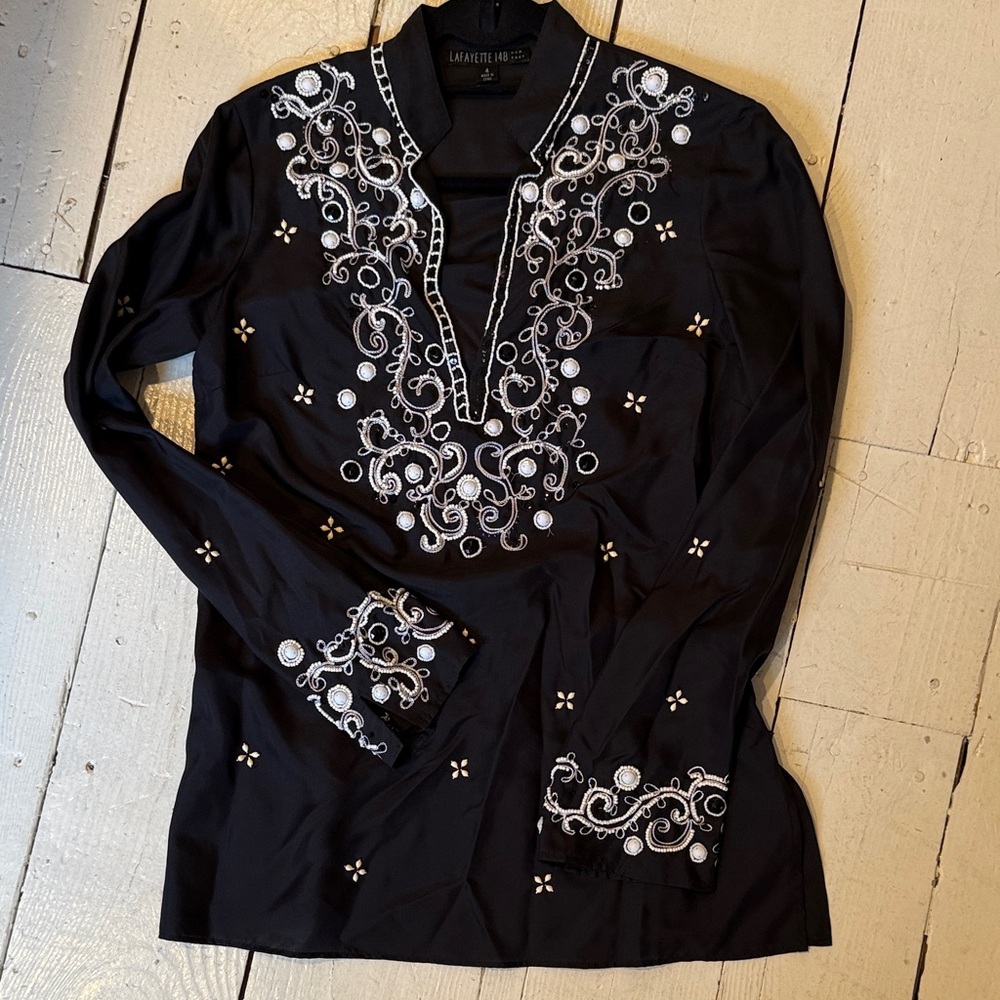Lafayette 148 New York Black and White Embroidered Tunic